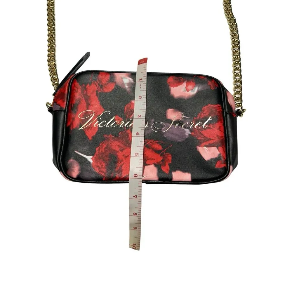 Victoria's Secret Red & Black Floral w/Gold-Tone Heavy Chain Crossbody Bag Purse